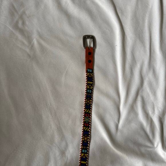 Womens Western Vintage Leather Beaded Belt Silver Buckle - Picture 2 of 7